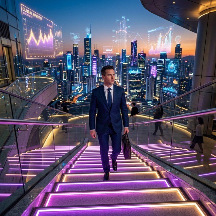 Businessman walking up stairs to future city digital growth success